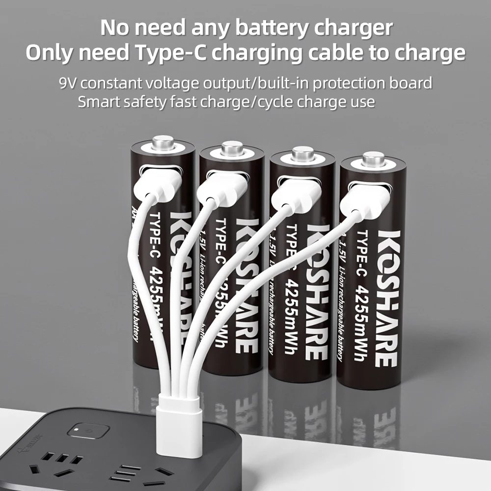 KOSHARE AA 1.5V Li-ion Rechargeable Batteries 4255mWh Type-C Lithium AA Battery For  clock microphone calculator + Type-C Cable