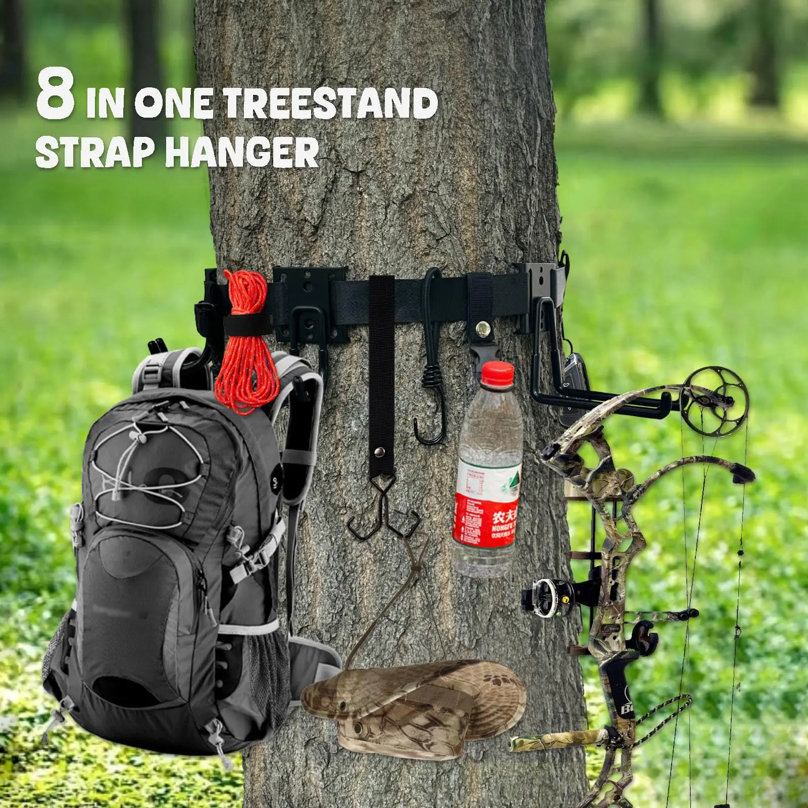 Treestand-Ausrüstungshänger mit 8 mehreren Haken, robuster Bogenaufhänger für Jagdzubehör, Köcher, Rucksack, Flaschenhalter und Aufbewahrungstasche