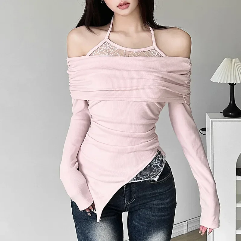 

New Y2k Aesthetic Vintage Lace Patchwork Women T-shirt Autumn Fashion Harajuku Asymmetry Tops Casual Trendy Bottoming Tee Femme