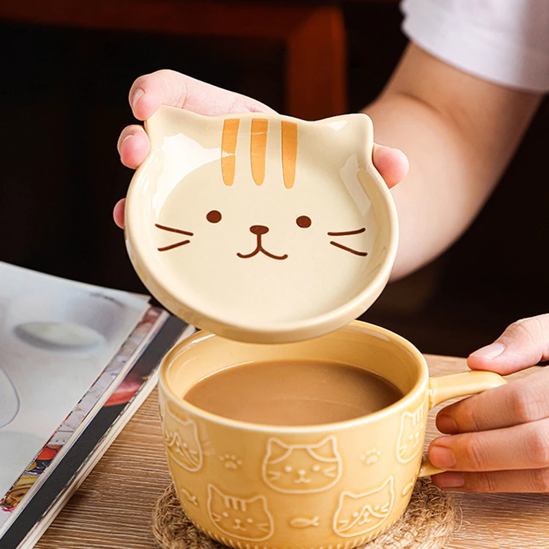 Japanese Cartoon Cat Coffee Mug With Cat Pattern Lid Small Dish Cute Breakfast Cup Creative Coffee Cup Milk Cup Gift For Girl