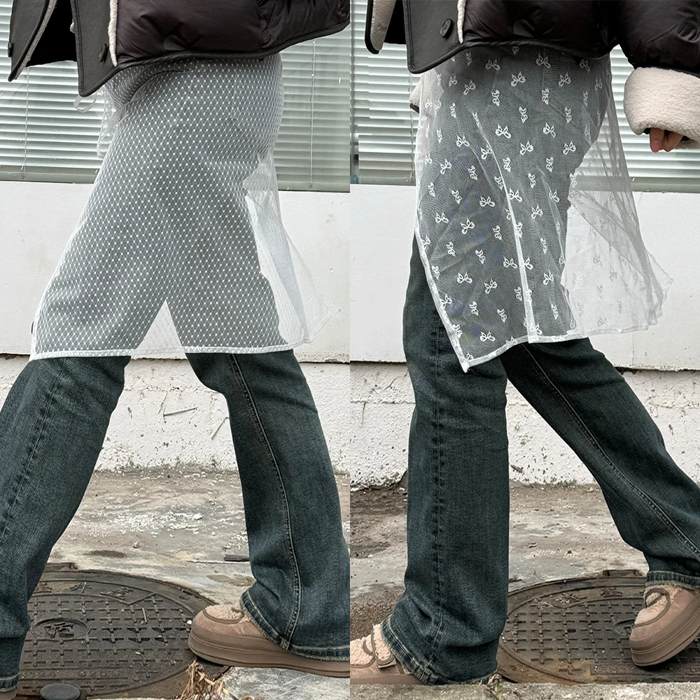 

2024 Ins Blogger Unique Lace Layered Gauze Skirt with Tie Up Korean Version Spicy Girls Jeans Apron Ladies Open Skirts Y2k