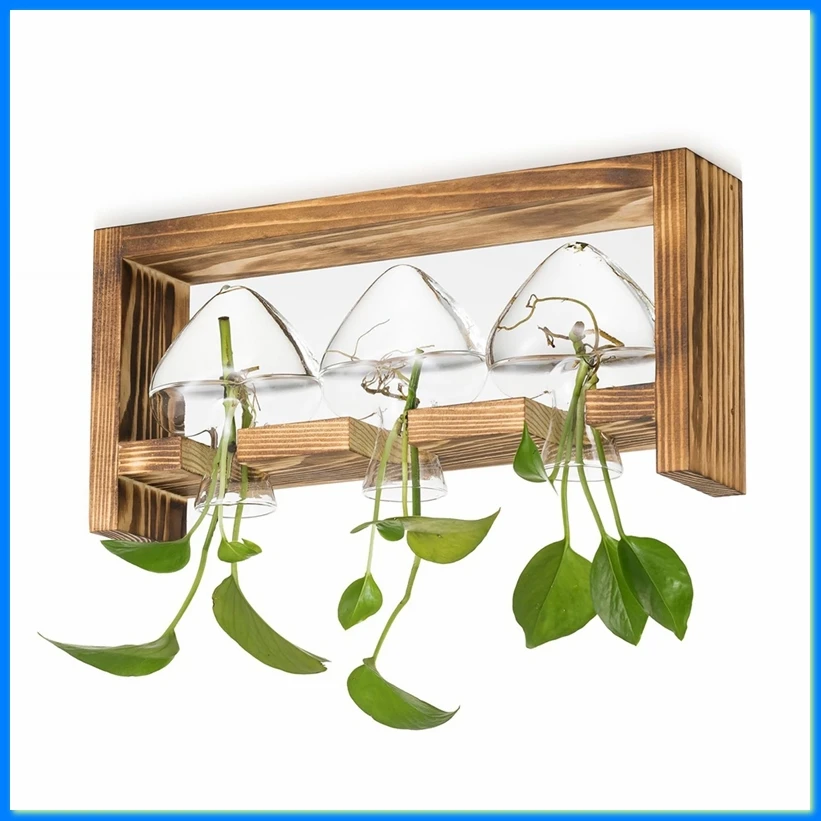 Glass Propagation Station for Plants: Vintage Vases Decoration with Wooden Frame Set for Living Room Office Shelf-A50M