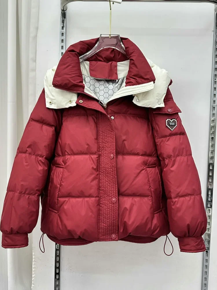 Winter 2024 New Down Jacket Women Fashion Hooded Thick Loose Casual Warm Long Sleeve Solid Color White Duck Down Coat