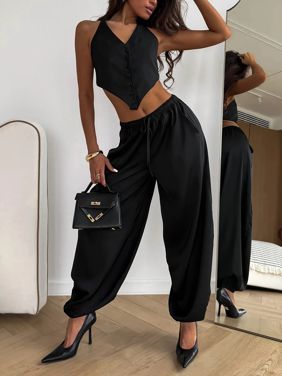 2026 Summer Women Harem Pants High Waist Drawstring Loose Wide Leg Trousers Green Casual Beach Vacation Outfit