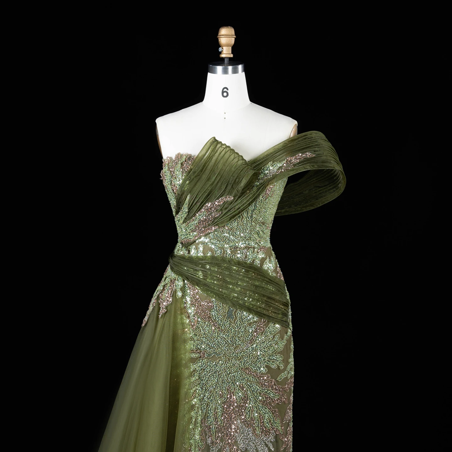 Sharon Said Luxuriöses Abendkleid in Grün mit Farbverlauf, schulterfrei, mit Perlenapplikationen, für Damen, Hochzeit, formelle Party, Modell SS293, maßgeschneidert – Detail 7
