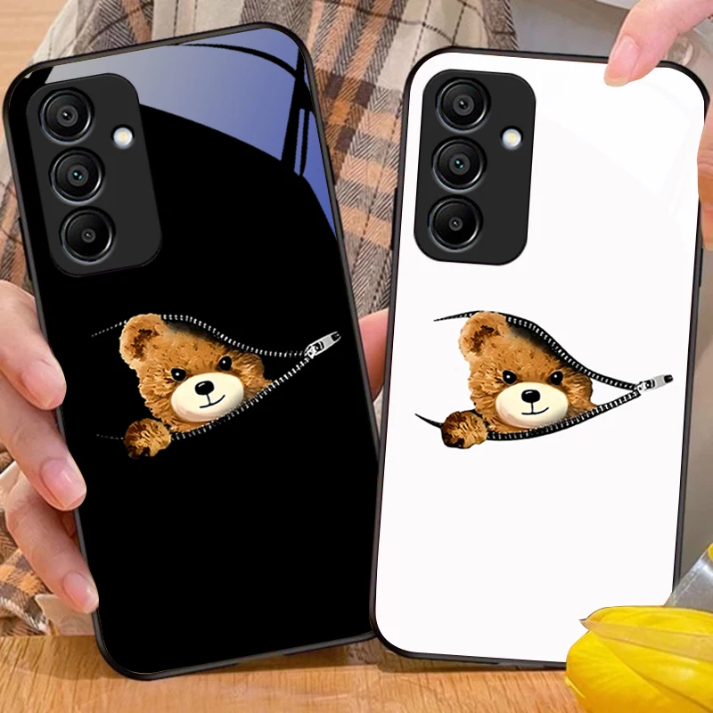 Zipper Bear Brown For Samsung Galaxy A15 5G 54 4G 51 50 24 35 90 71 12 51 53 52S 80 22 34 Black Tempered Glass Phone Case