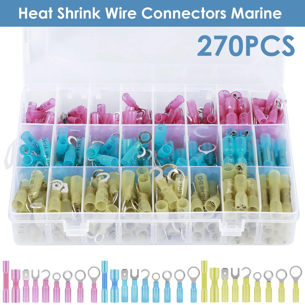 

270 Pcs Heat Shrink Wire Connectors Waterproof Electrical Wire Terminals Kit AWG 12-10 16-14 22-16 Marine Grade Fork Ring Wire