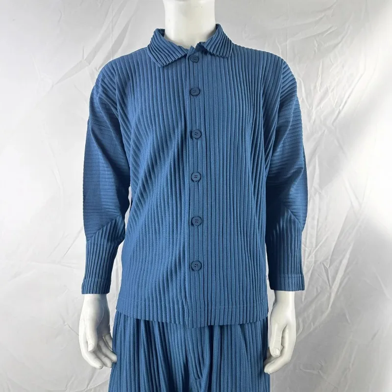 Miyake Pleated Long Sleeve Mens Shirt Jacket Simple Lapel Top Coat Jacket Stretch Straight Nine Pants Casual Harlequin Pants Set