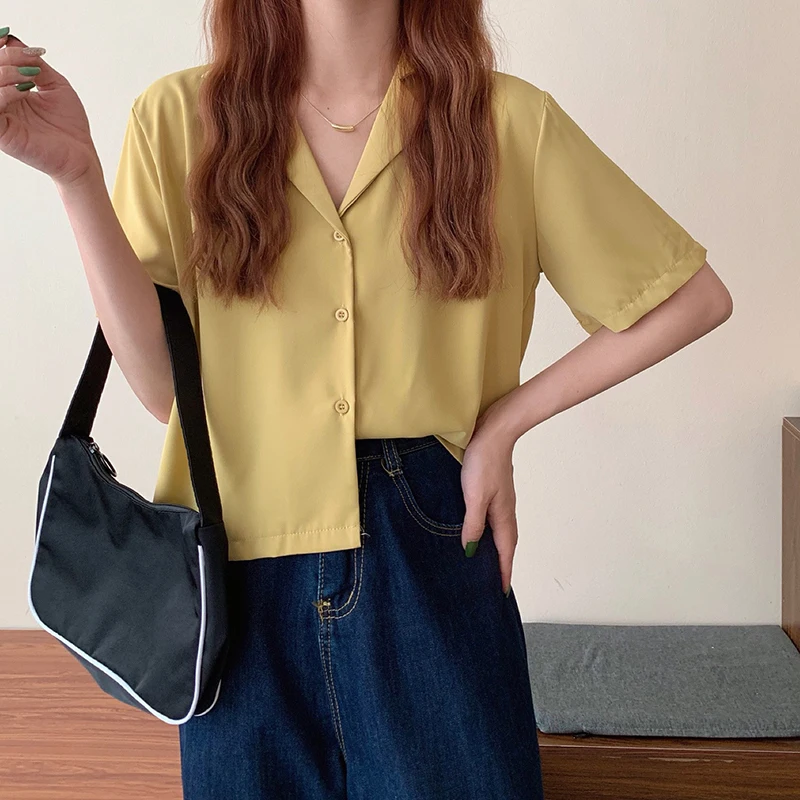 MEXZT Shirts Women Korean Short Sleeve Turn Down Collar Loose Blouse Office Lady Retro Elegant All Match Solid Basic Casual Top