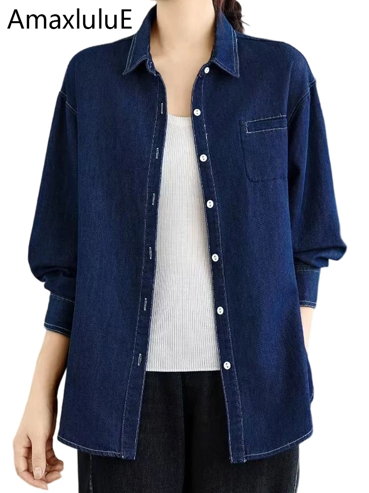Amax LuluE 2025 Winter Fashion Classic Blouses Womens Vintage Casual Loose Denim Shirts Ladies Elegant Punk Fitness Cotton Tops