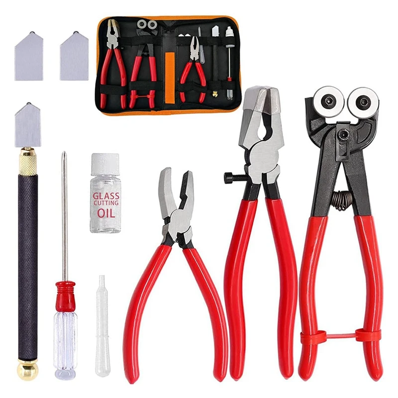 Glass Cutting Tool Set Kit, Wheeled Glass Tile Nippers Glass Running Pliers Breaking Pliers Oil Feed Glass Cutter Set-A73M view 3