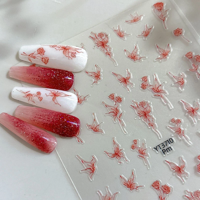 Beautiful Romantic Wine Red Butterfly Rose Nail Stickers Versatile Hollow Thin Tough Back Adhesive Tape Nail Sticker