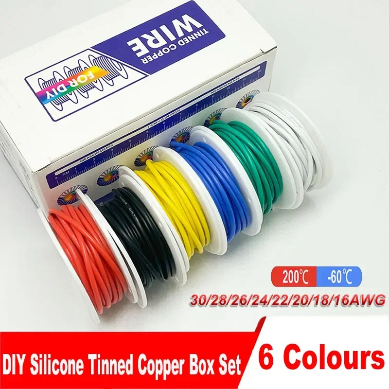 

30/28/26/24/22/20/18/16 AWG Electrical Wire, 6 Colours Multi-Strand Tinned Copper Flexible Silicone Wire Kit for Electrical DIY
