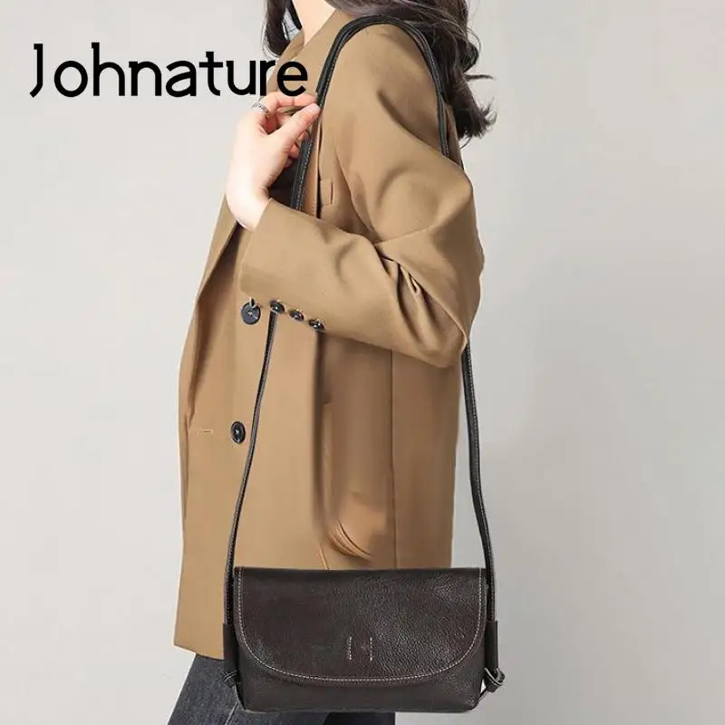 Johnature Vintage Solid Color Women Small Bag 2024 New Genuine Leather Versatile Simple Real Cowhide Shoulder & Crossbody Bags