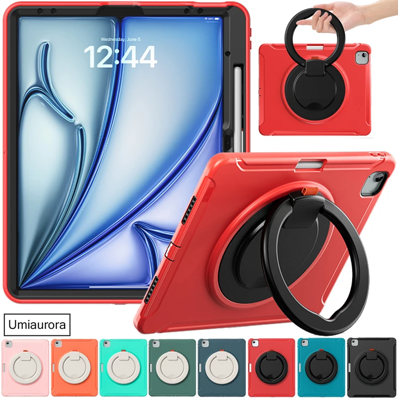 

For IPad Mini 8.3" A17 Pro 11 12.9 Air 10.9 13 inch M2 M3 M4 M5 Shockproof Pencil Holder Tablet Case Pull Ring Stand Armor Funda