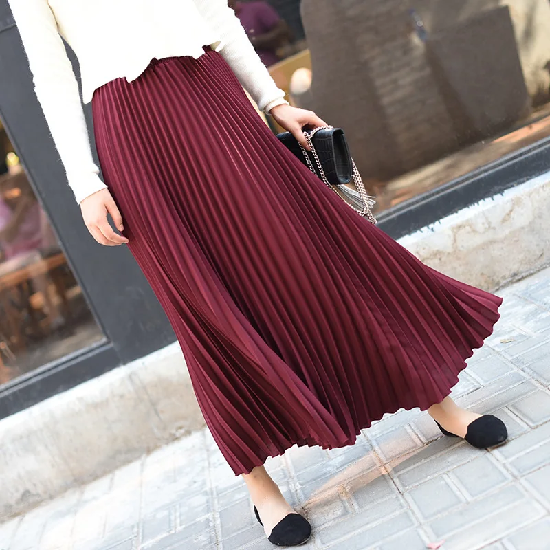 Classical Women Pleated Skirt 90cm/80cm Long Female Elastic Waist Skirt Big Size Velvet Pleated Skirt for Winter Ankle-Length