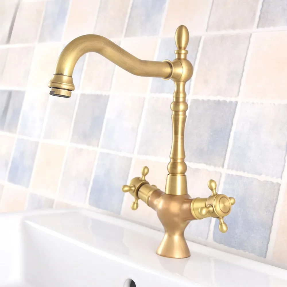 

Antique Dual Handles Basin Faucet Bronze Finished Mixer Taps 360 Rotation Brass Bath Sink Faucet Deck Mounted Water Taps zan311