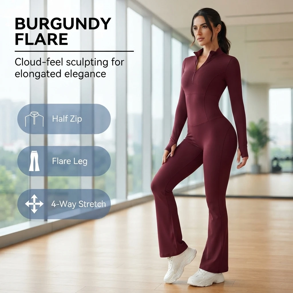 Women's Half-Zip Flared Jumpsuit - Stand Collar Long Sleeve Sculpting Yoga Bodysuit, Multiple Colors, S-XL