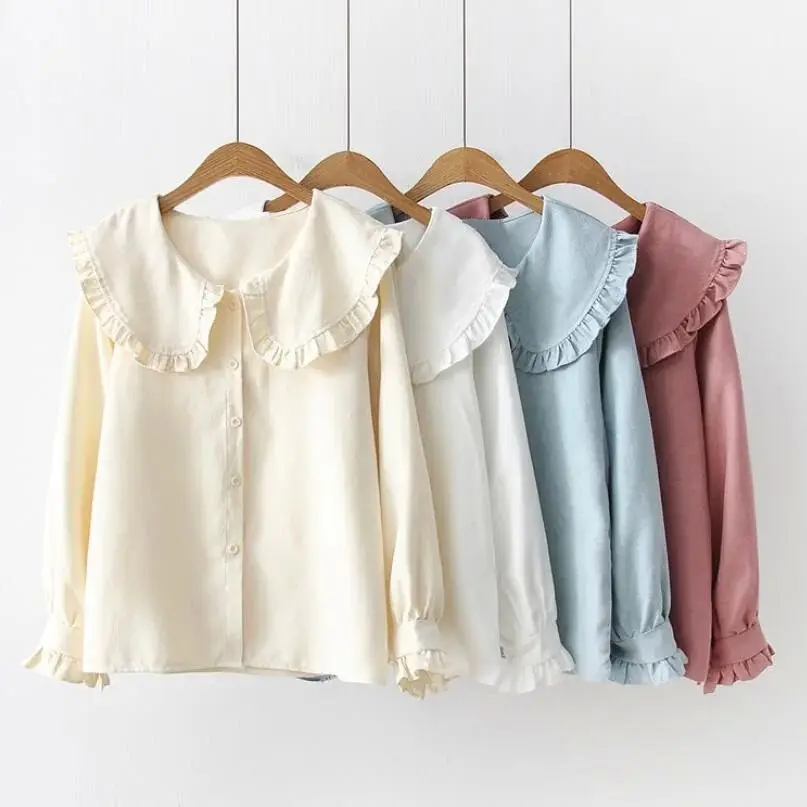 

Korean Sle Long Sve Ruffle Peter Pan Collar irt Spring Autumn 2024 Faion Ladies Premium Clothing