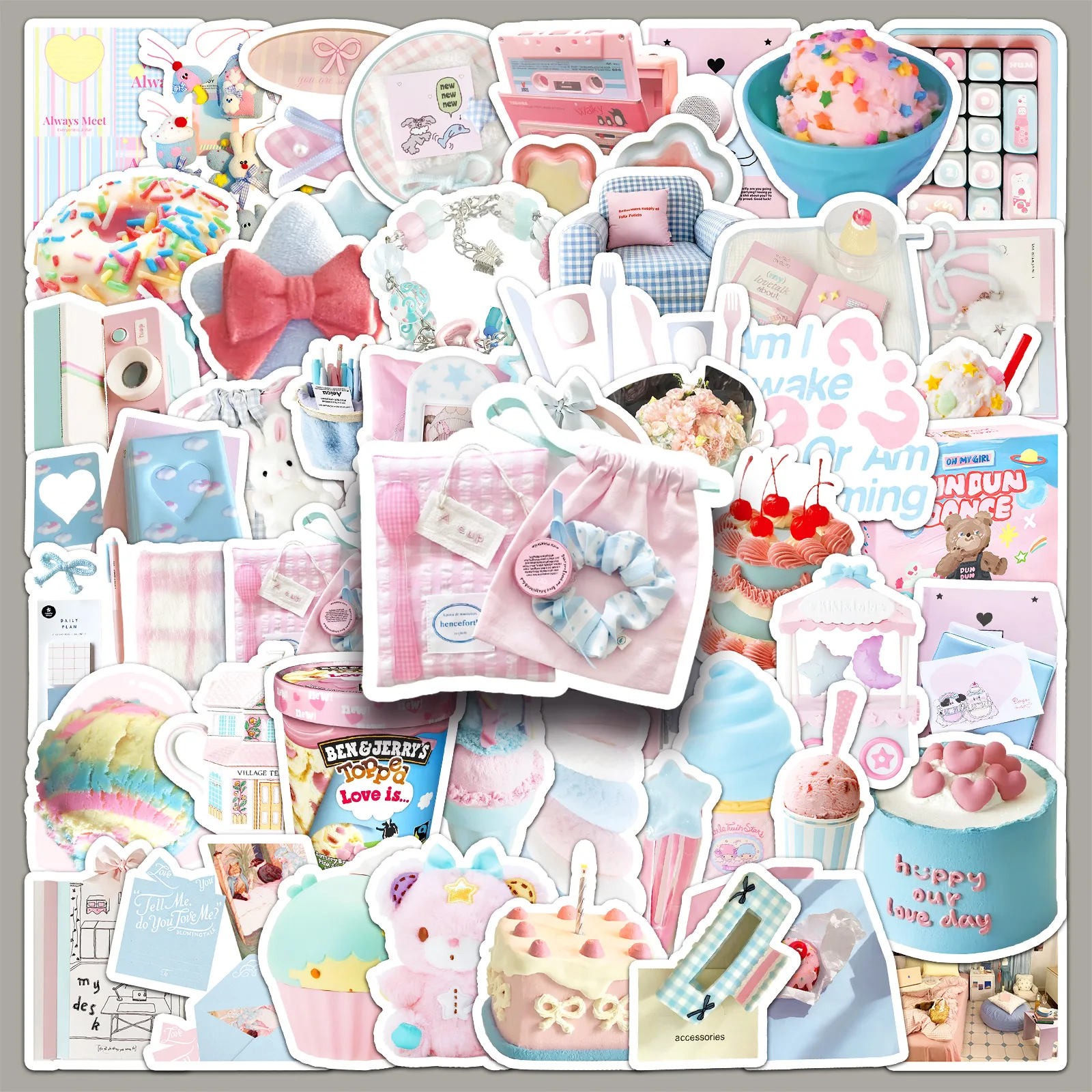 52PCS Cute Pink Blue Ins Style Stickers Kawaii Cartoon Decoration DIY Luggage Laptop Notebook Bike Phone Kids Toy Graffiti Gifts