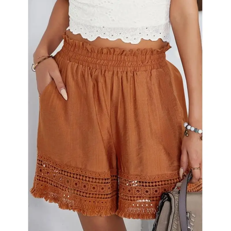 Women's n Pure Color Lace Hollow out Tassel ket orts Cross-Border New Sle Casual Pants Mid-Low Waist PVC Material