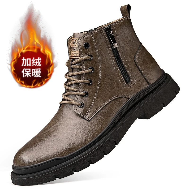 Fashionable Winter Men Plush Warm Outdoor Durable Leather Boots High Quality Men Comfortable Side Zipper Anti Slip Mid Top Boots