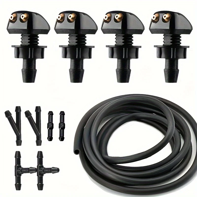 Universal Car Windshield Wiper Nozzle Kit - Durable 2M Hose, 6 Versatile Connectors, 4 Precision Double Hole Sprayers - Universa