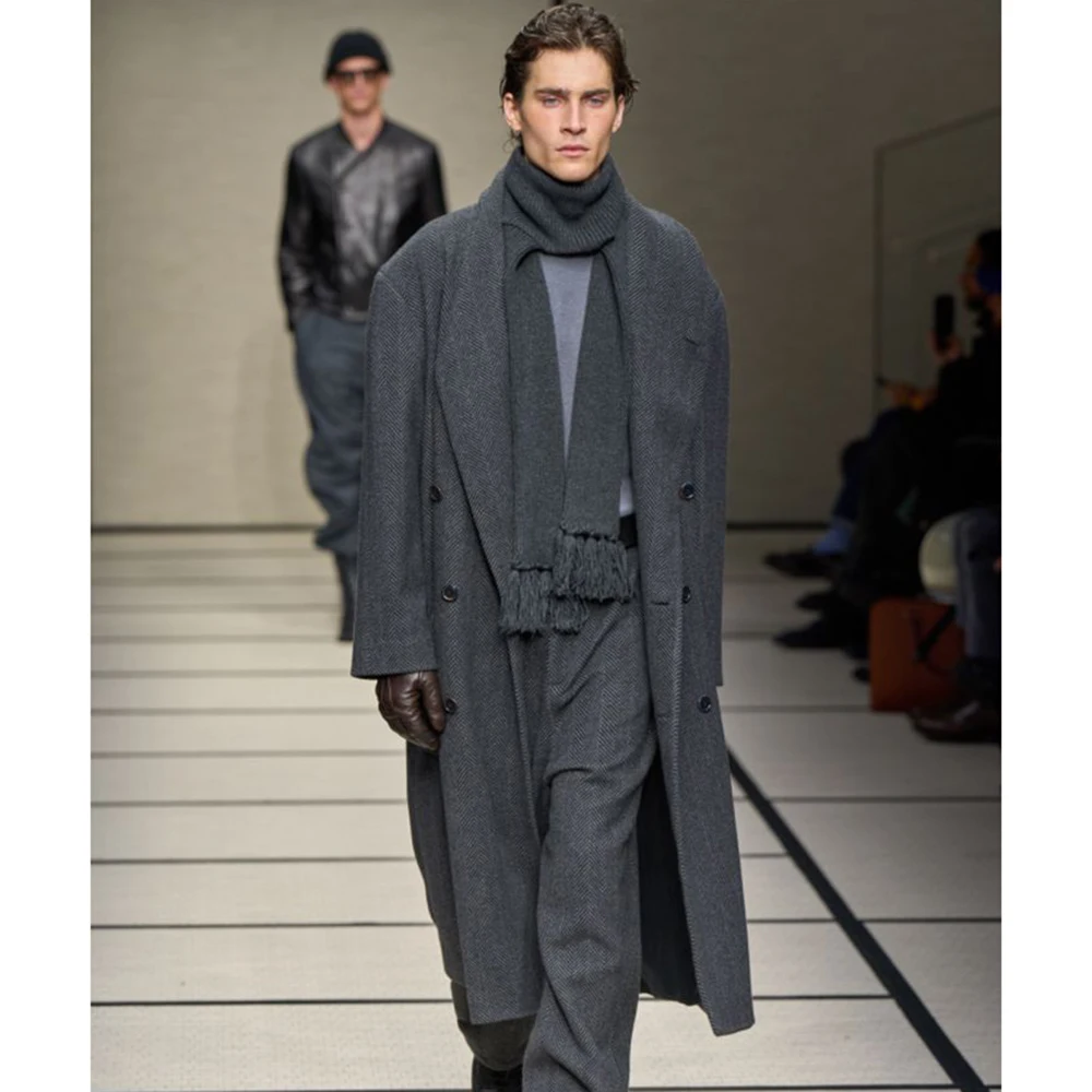 

High Quallity Gray Long Men's Coat Shawl Lapel Double-Breasted Oversized Casual Office Party Male Overcoat