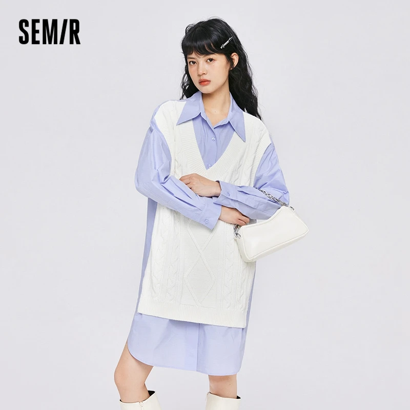 Semir Dress Women Pointed Collar Stitching Fake Two-Piece Split 2022 Autumn New Oversize Literary Dress Gentle