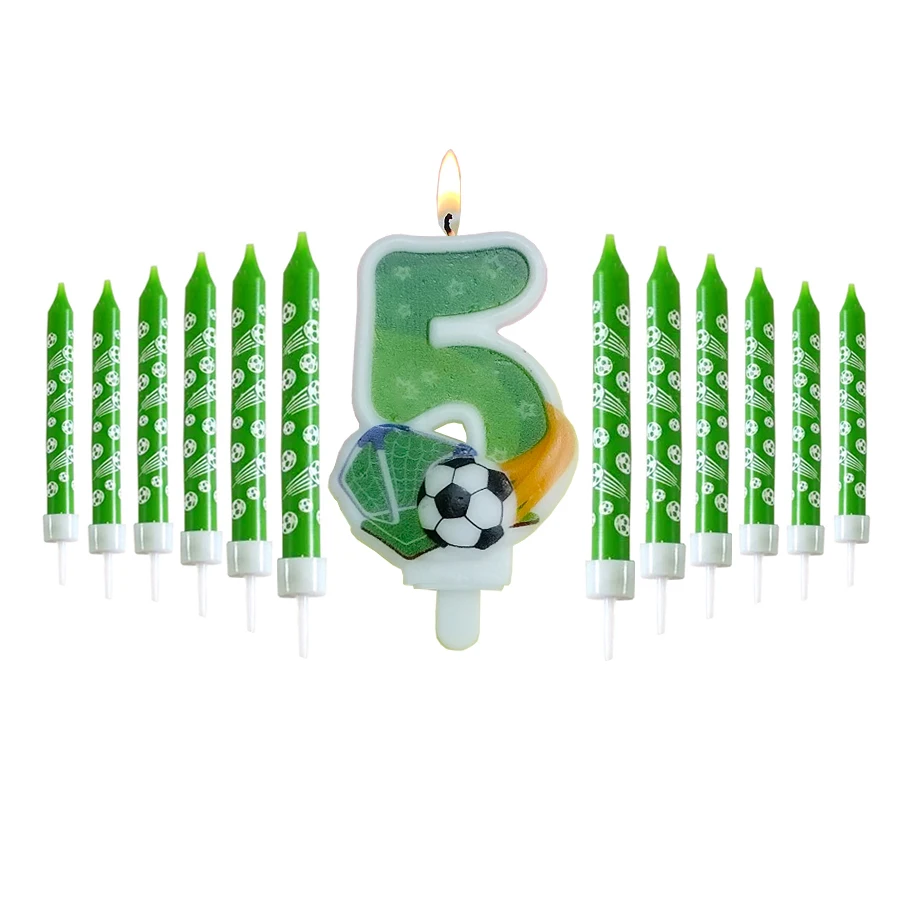 أرقام كرة قدم مع شمعة خضراء قصيرة ، حفلة عيد ميلاد سعيد ، شمعة حدث للصبي ، رقم 0-9