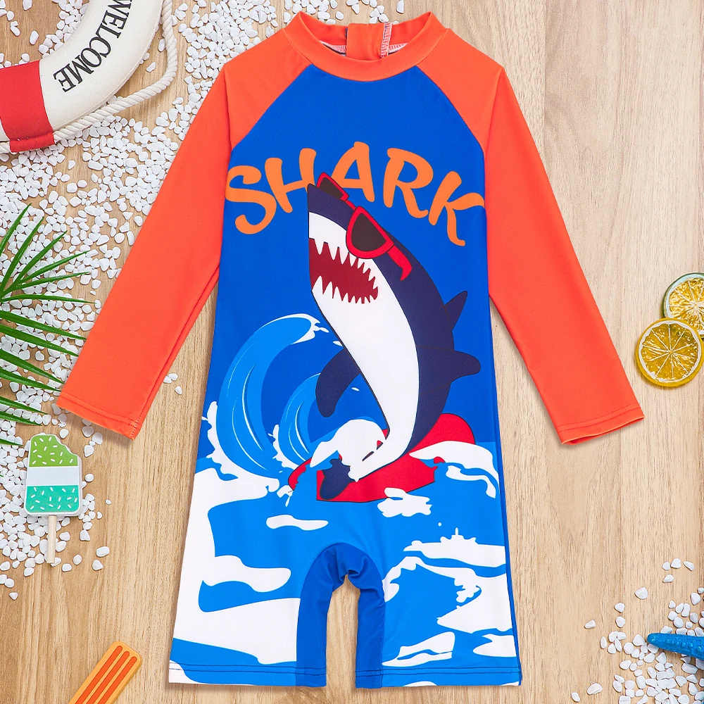 Toddler Baby Boys Swimwear One Piece Swimsuit Water Sport Surfing Swim Shirt Lovely Cartoon Shark Prints Bathing Suit