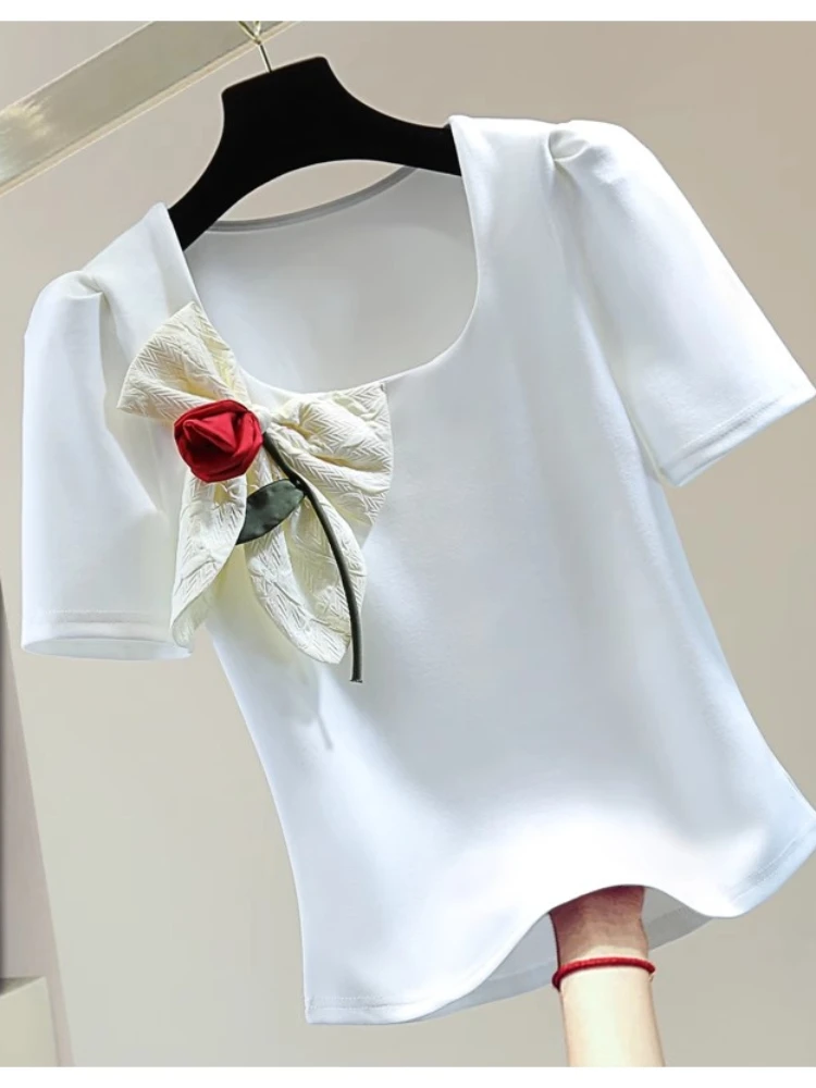 2024 Summer Korean Edition Slim Low Round Neck Bow Heavy Industry Flower Solid Color Fashion T-shirt