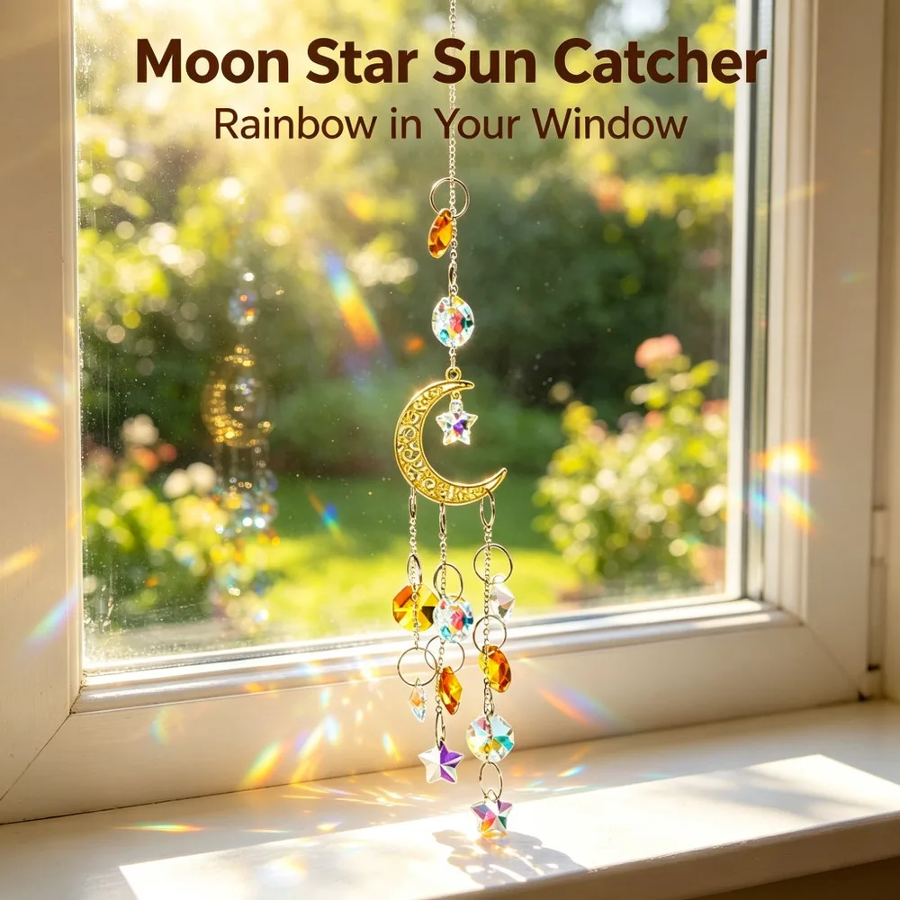 Moon Star Sun Catcher Crystal Window Hanging Prism Rainbow Garden Decor Wind Chime Chandelier Ornament Christmas Home Decor Gift