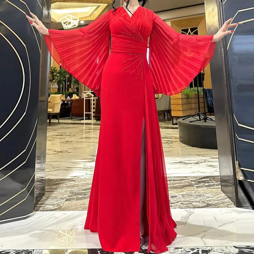 

Customized A-Line Evening Dresses Floor-Length V-Neck Full Sleeve Prom Gown Fashion Pleat Crystal Side Split Draped Party Gown