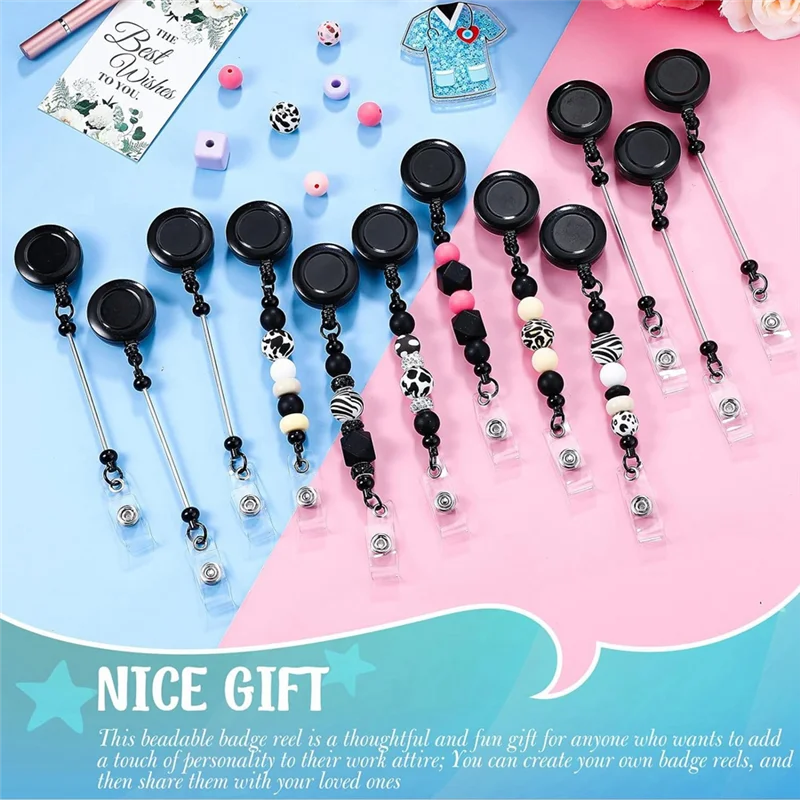 

12 Pcs Beadable DIY Badge Reel Kit Retractable ID Name Badge Reel Clips Holder For Beads Blank Bar With Belt Clip