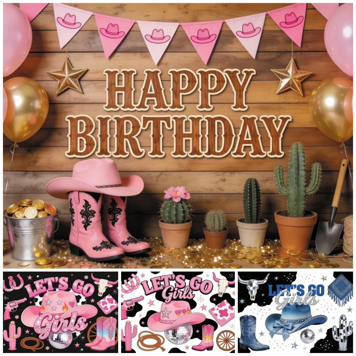 Pink Western Cowgirl Birthday Backdrop Wood Cactus Boot Girls Rodeo Themed Party Background Decor Baby Shower Photography Props