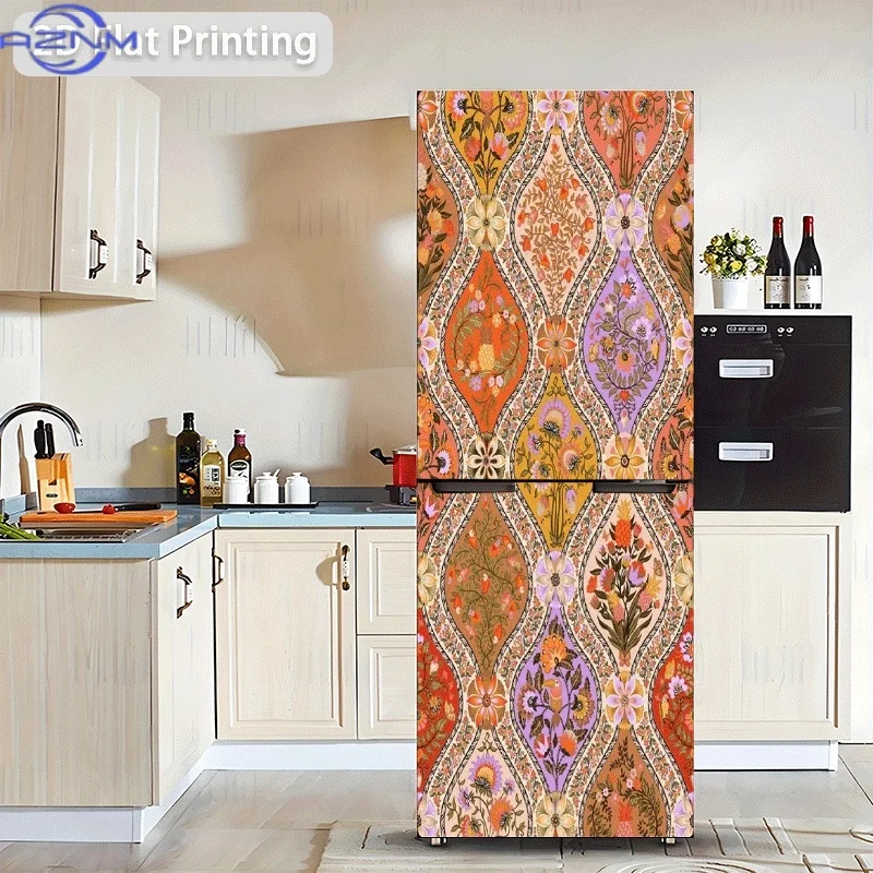1pc 2D Pattern Printing Fridge Sticker  Retro Floral Pattern Brocade Wall Sticker Decoration Wallpaper Self-Adhesive for Cabin