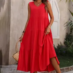 Loose Sleeveless Boho Dress 2024 V Neck Large Swing Solid Color Dress Tiered Ruffle Layer Summer Vest Dresses Long Vestidos