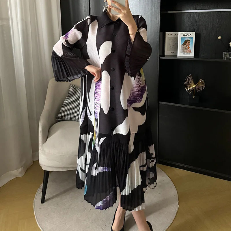 

Women's dress Miyake Pleated Fashion plus-size floral print dress with flared sleeves