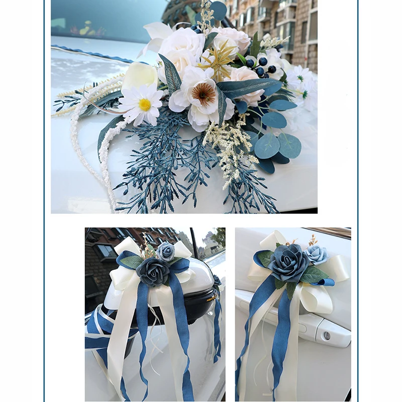 Yannew 8pcs/Set Wedding Car Decorations kit Flowers Champagne Aftificial Rose with Ribbon for Car Mirror Door Handle Decor Party