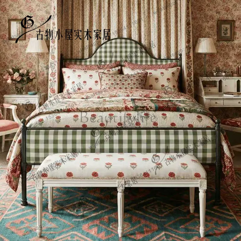

Nordic retro plaid soft bag bed/American retro solid wood master bedroom bed/size can be customized