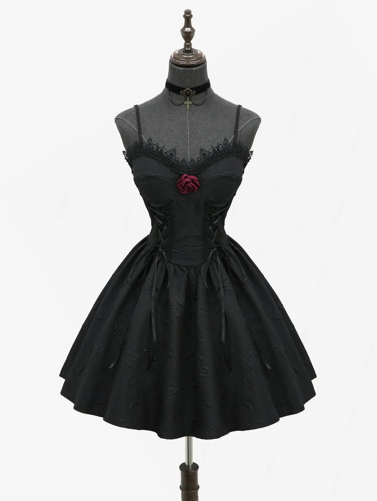 Abiti Cami con lacci gotici Mini abito estivo con tracolla regolabile in rilievo con dettagli in pizzo elegante rosa nera