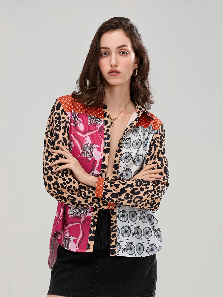 بلوزة نسائية فضفاضة مطبوعة على الموضة بأكمام طويلة وأزرار سفلية لربيع الخريف