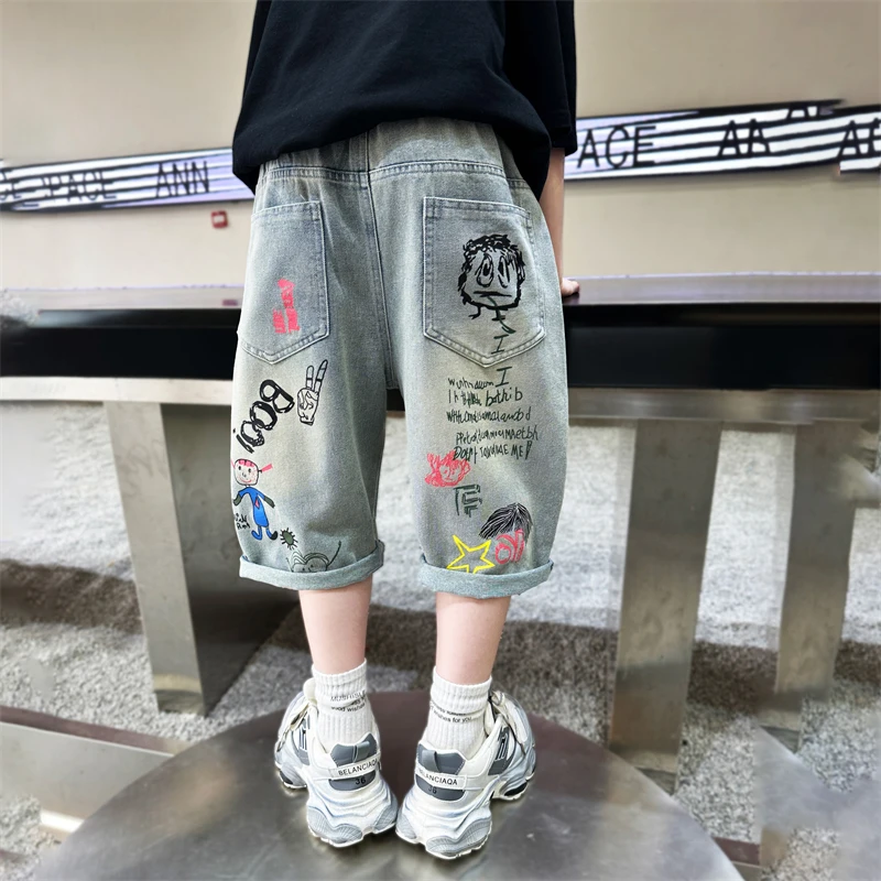 Kids Boys Graffiti Drawing Denim Shorts Elegant Children Casual Ripped Short Jeans Capris Pants 5 6 7 8 9 10 11 12 13 14 Year
