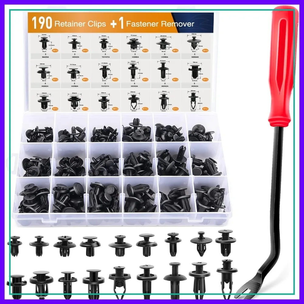 

190 Pcs Car Retainer Clips & Fastener Remover - 18 Most Popular Sizes, Push Pin Rivets Set for Toyota Honda Nissan Mazda