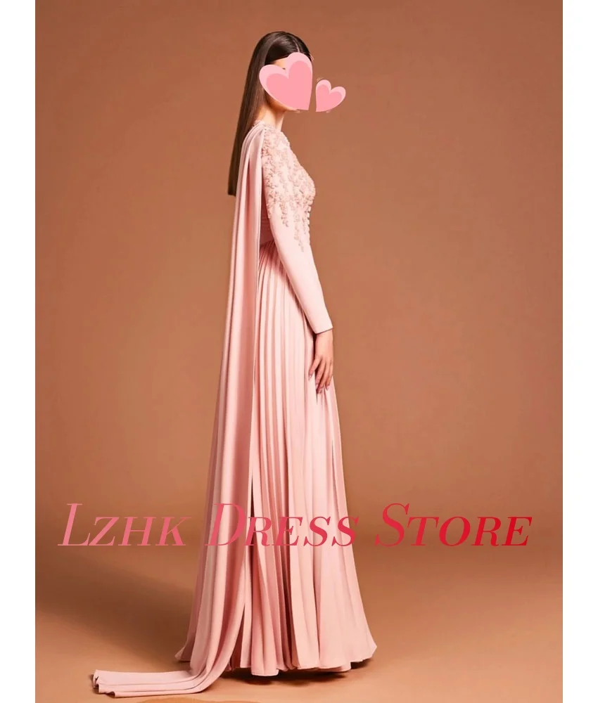 Maßgeschneidertes modernes Jersey-Abendkleid in A-Linie mit Applikationen, Knöpfen und Perlenstickerei, Temperament, lange Ärmel, bodenlange Ballkleider