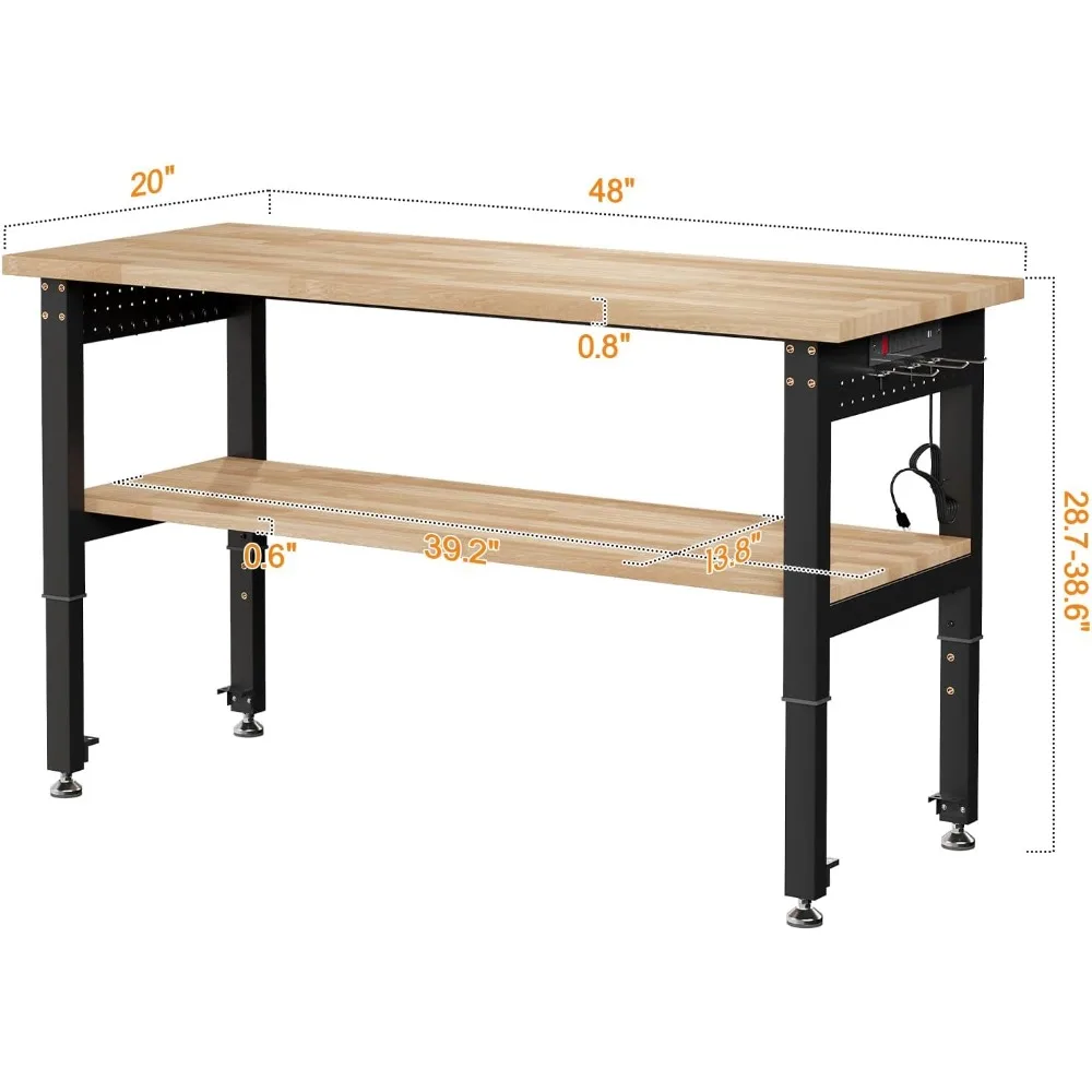 منضدة عمل شديدة التحمل بطبقتين قابلة للتعديل مع 4 منافذ تيار متردد و2 USB، سعة 2000 رطل، قوة صناعية، تصميم مريح