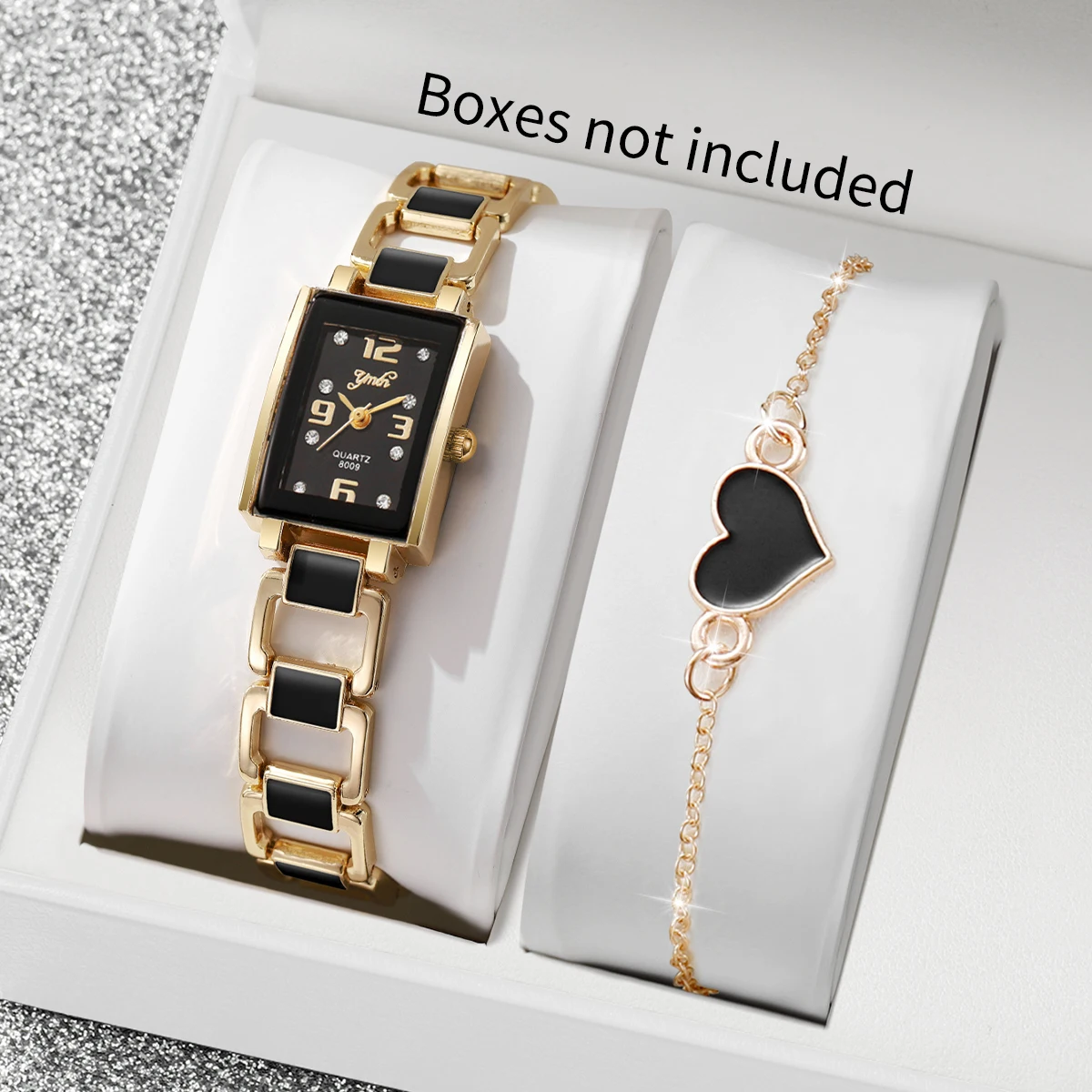 2PCS/Set Fashion Square Women Watches Elegant Ladies Dial Quartz Wristwatch Heart Bracelet Set Reloj Mujer（Without Box）