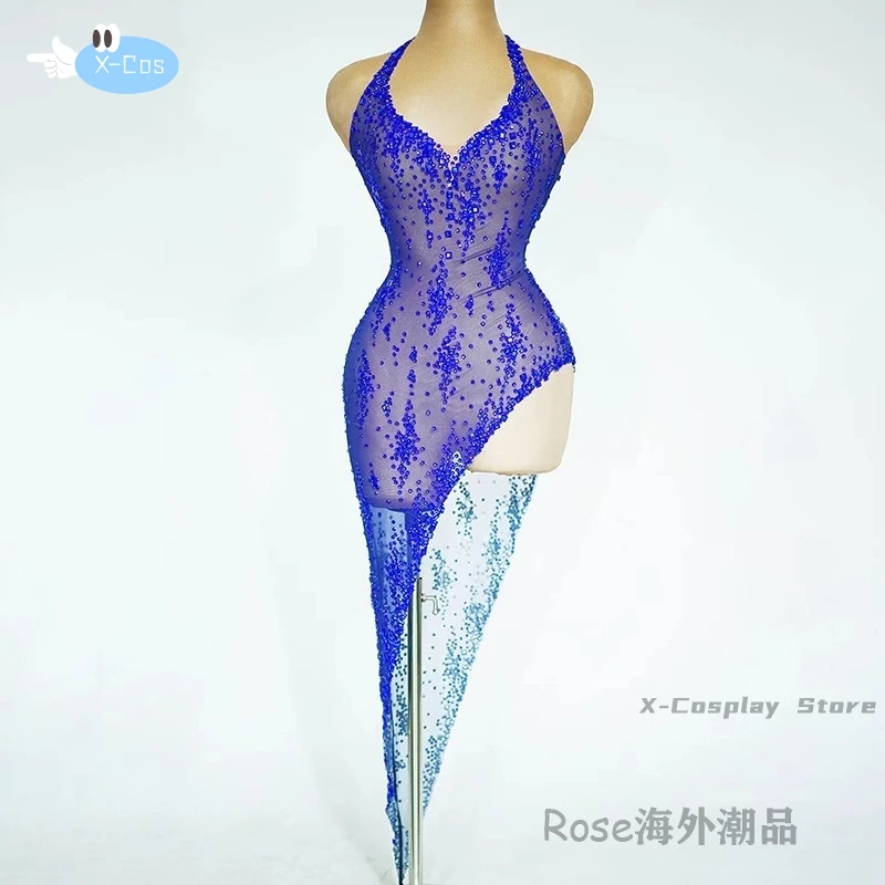 Sparkly Rhinestone V Neck Stretch Mesh Sexy See Through Dress Women 2025 Designer Party Celebrate Performance Costume Stage Wear