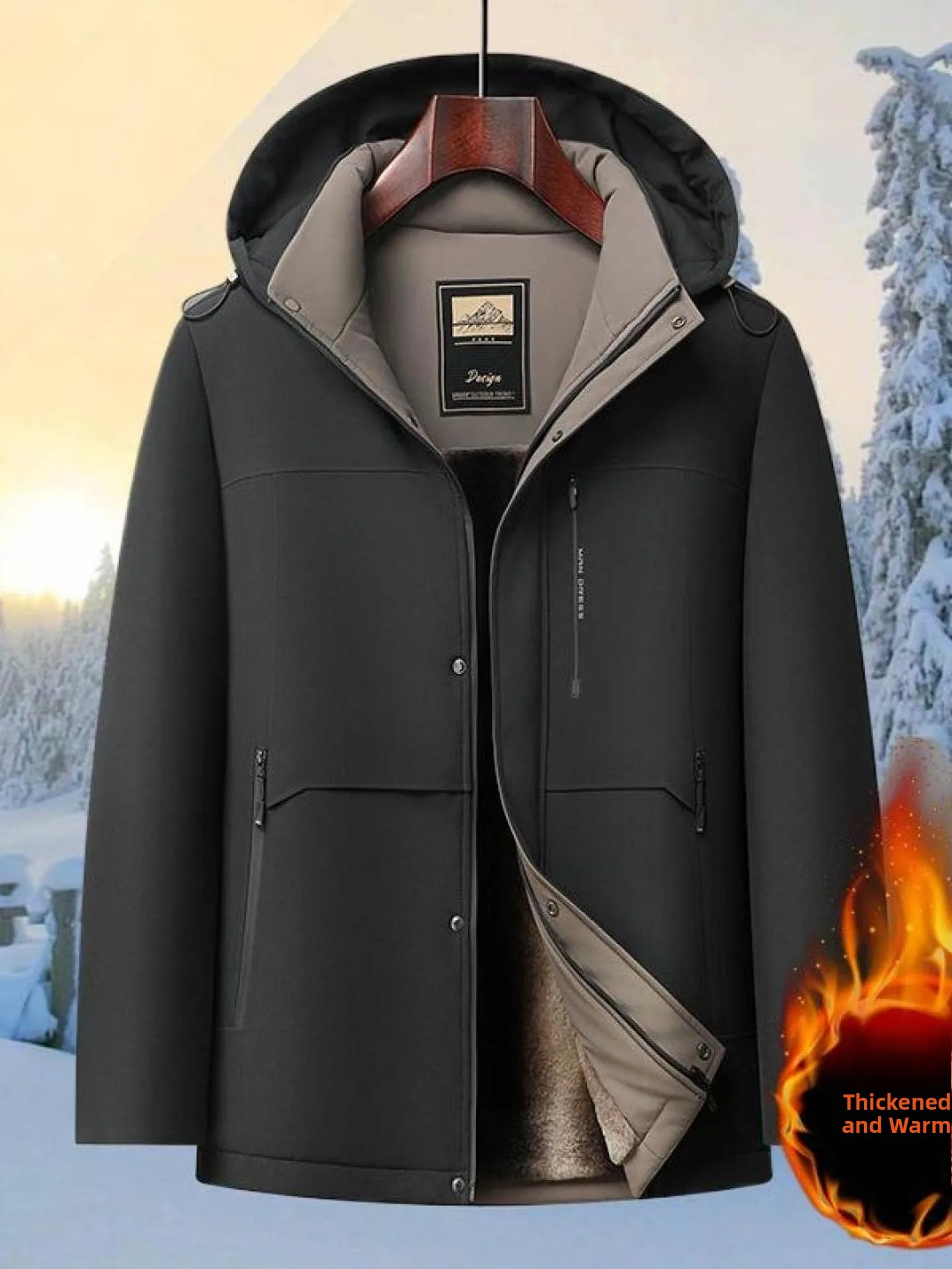 

Теплая утолщенная хлопковая куртка для мужчин с капюшоном и воротником-стойкой, зимняя, модная, для дома, с длинными рукавами, на молнии, Geo...